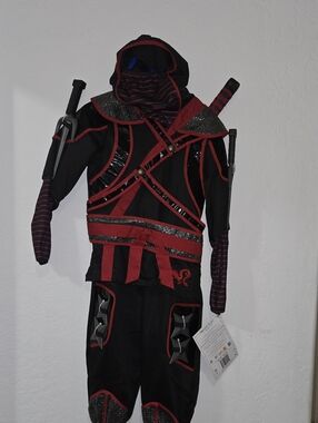 Boys Black and Red Ninja Warrior Costume with Hood and Accessories